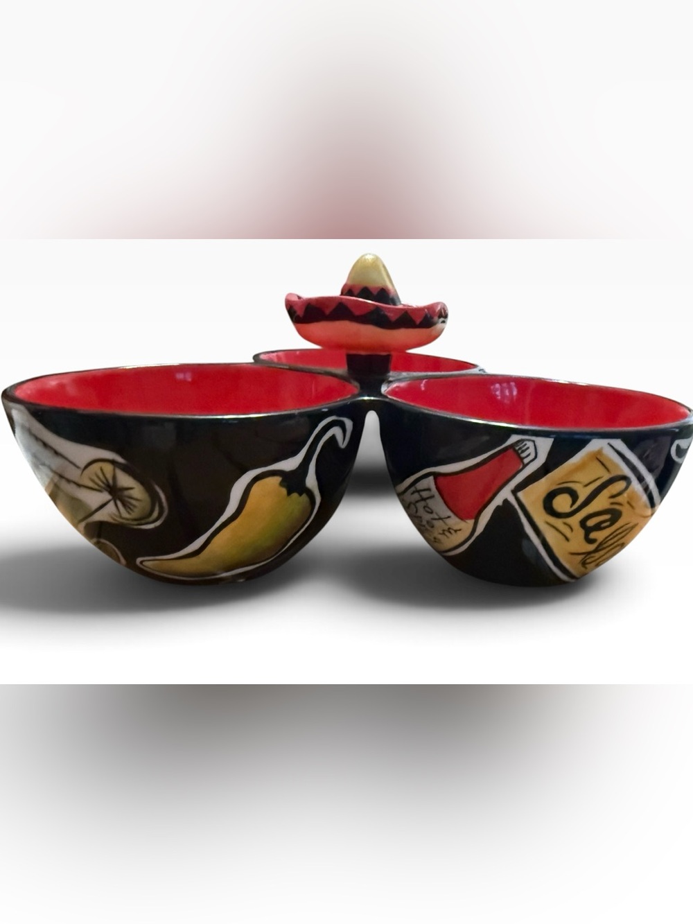 Clay Art Salsa Triple Condiment Bowl Sombrero